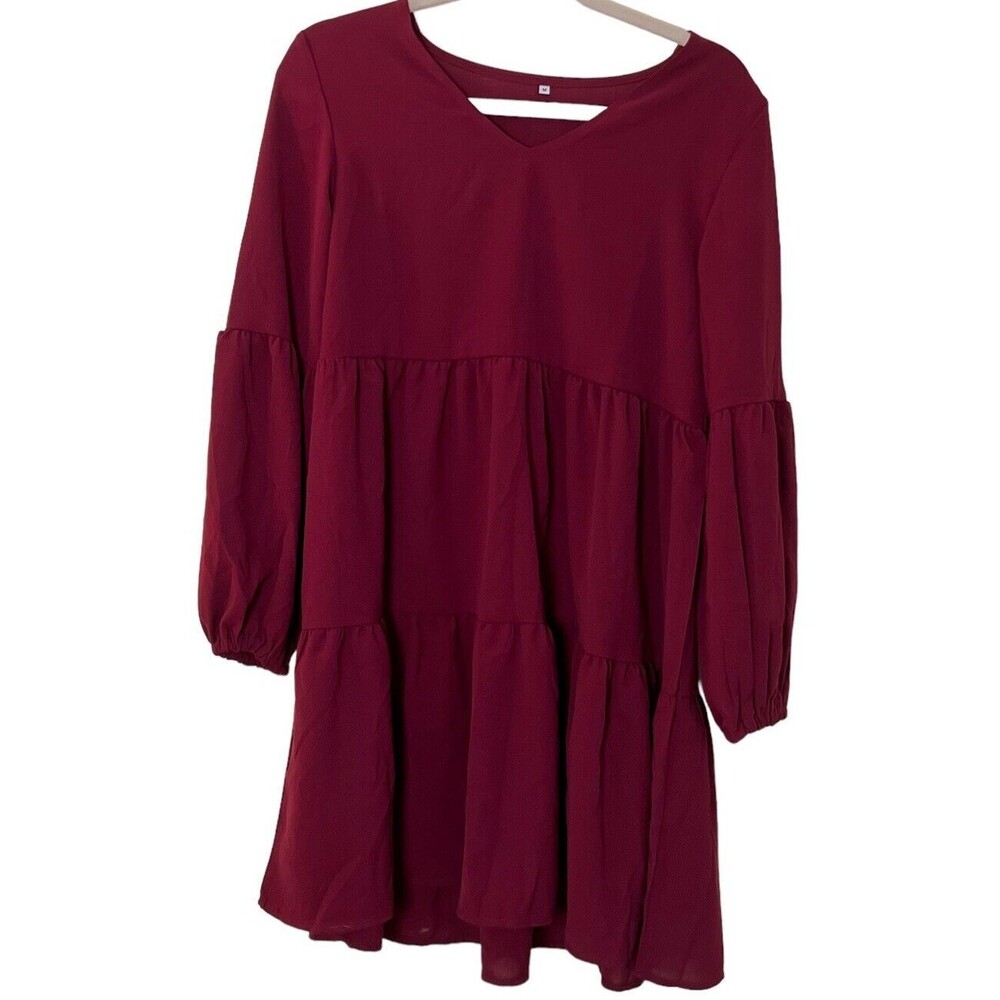 MissLook Women's 3/4 Sleeve V-Neck Mini Swing Dress Burgundy Size M